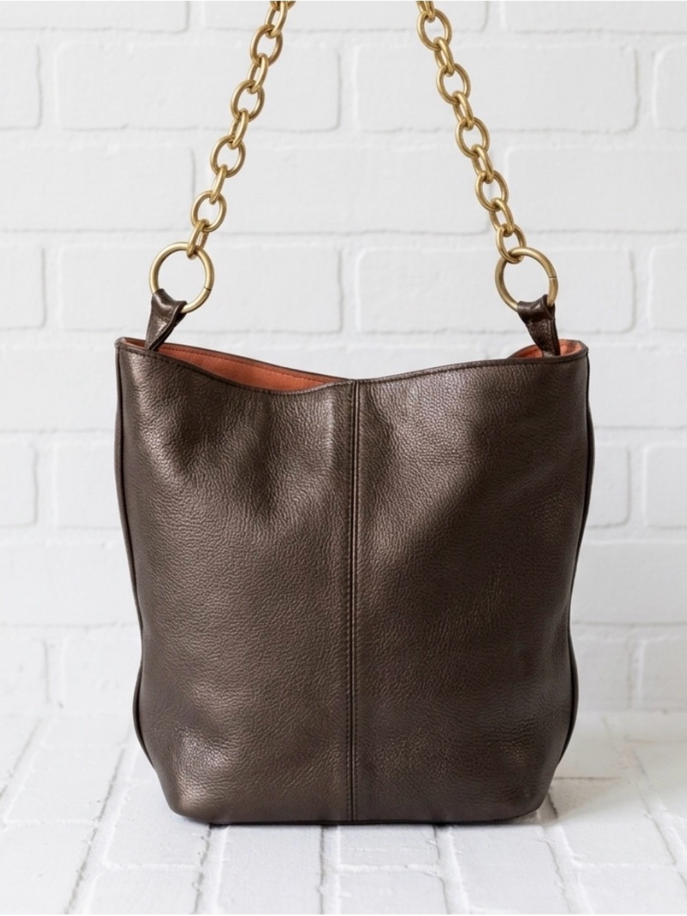 Vintage Brown Leather Hobo Shoulder Bag with Gold Chain Strap